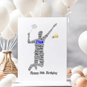 Carte personnalisée de joyeux anniversaire de badminton, cartes de voeux personnalisées de nuage de mots de joueur de badminton, cartes de voeux A5
