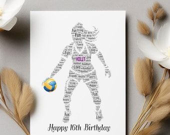 Personalised Female Sport Handball Word Art Birthday Cards, Custom Word Cloud Gift for Her