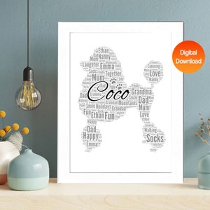 Impresión personalizada de arte de palabras de perro caniche, Impresión de imagen de nube de palabras de perro, Regalo para amantes de los perros, Regalo de tarjeta de cumpleaños de amigo Digital