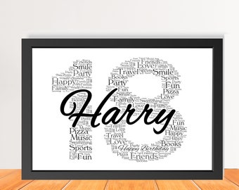 Personalised 18th Birthday Word Art, Custom Number Print, Birth Day Milestone Typography Gift