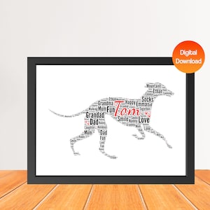 Impresión personalizada de arte de palabras de perro galgo, Impresión de imagen de nube de palabras de perro, Regalo para amantes de los perros, Regalo de tarjeta de amor de cumpleaños de amigo Digital