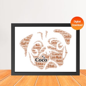 Impresión personalizada de arte de palabras de perro Pug, Impresión de imagen de nube de palabras de perro, Regalo para amantes de los perros, Regalo de tarjeta de cumpleaños de amigo Digital