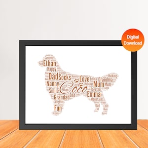 Impresión personalizada de arte de palabras de perro Golden Retriever, Impresión de imagen de nube de palabras de perro, Regalo para amantes de los perros, Regalo de tarjeta de cumpleaños de amigo Digital