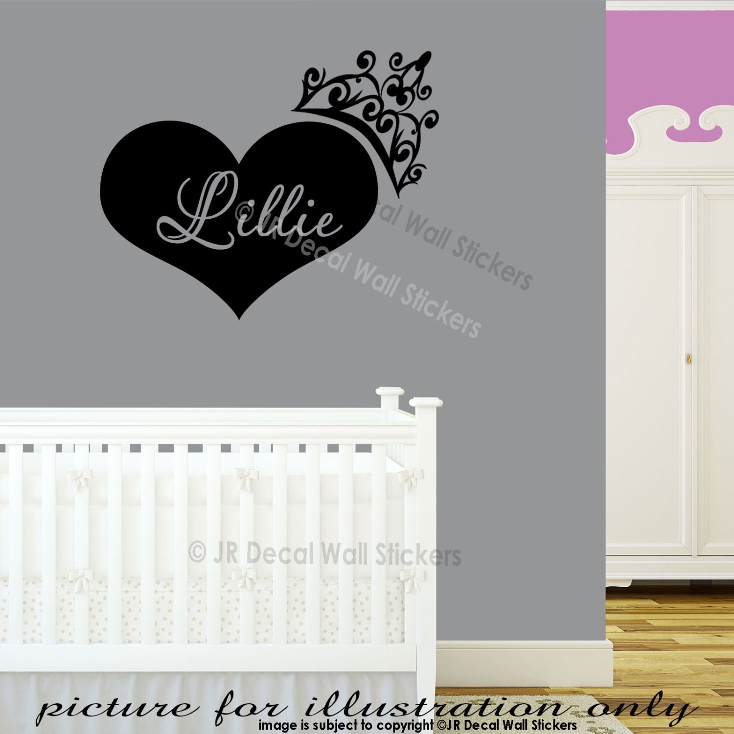 Custom Name Heart Shaped Wall Art Decals Princess Crown Girls Bedroom ...