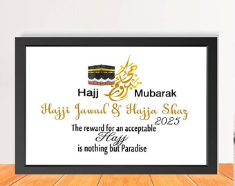Personalised Hajj Mubarak Gift, Custom Islamic Hajji Hajja Print, Kaaba Wall Art Framed Muslims