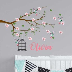 Personalised name Cherry Tree branch wall sticker Blossom Flower Bird Cage Wall Stickers Removable Vinyl Nursery wall art Decals Watercolour