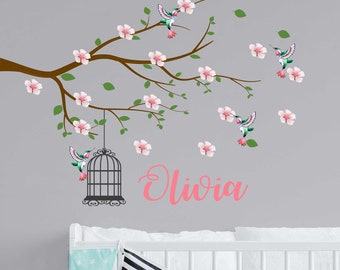 Personalised name Cherry Tree branch wall sticker Blossom Flower Bird Cage Wall Stickers Removable Vinyl Nursery wall art Decals Watercolour