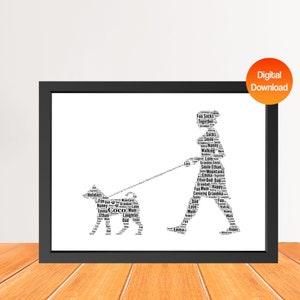 Impresión personalizada de arte de palabras de paseadora de perros, Impresión de imagen de nube de palabras de perro, Regalo para amantes de los perros, Regalo de tarjeta de cumpleaños de amigo Digital