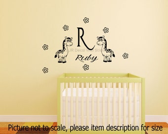 Personalized Baby Girl Name Giraffe Wall Decals, Nursery Initial Stickers