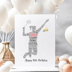 Carte d'anniversaire personnalisée de badminton de fille, impression d'art de mot de joueuse de badminton féminine, pour elle, femme, cartes de voeux A5 de fille