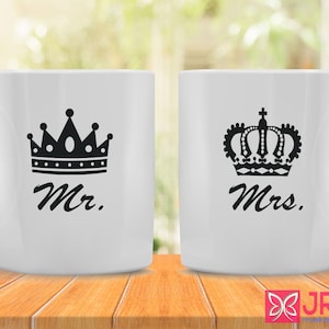Mr & Mrs Coffee Mugs, King and Queen Crown, cute couples mugs, couples mug set, his and hers mugs, funny coffee mug