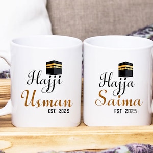 Hajja and Hajji Mug set - Personalized Name Hajj Gifts, Custom Hajj gifts Year, Islamic Gifts for Mum and Dad, Coffee Mugs with name date