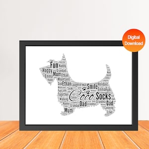 Impresión personalizada de arte de palabras de perro Terrier escocés, Impresión de imagen de nube de palabras de perro, Regalo para amantes de los perros, Regalo de tarjeta de cumpleaños de amigo Digital