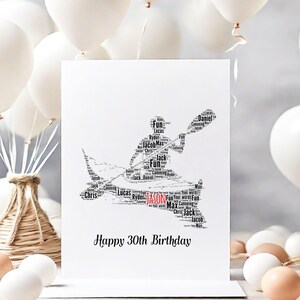 Carte d'anniversaire personnalisée en kayak, cartes de voeux imprimées Word Art, canoë-kayak, pour la famille, ami, journée spéciale, enveloppe blanche format A5