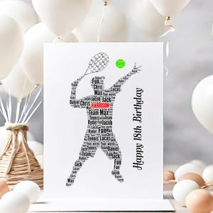 Carte d'anniversaire personnalisée art mot tennis, cartes numériques, art mural joueur de baseball, pour elle, filles, enfants fille, mère, format A5