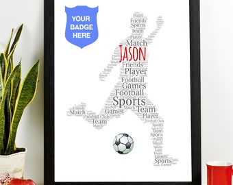 Personalised Football Soccer Word Art Gift, Team Presentation Wall Art, Any Badge included, Any Colours and words, Football fans gift