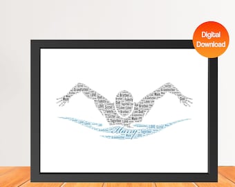 May include: A black and white word cloud art print of a swimmer in a freestyle stroke. The word cloud includes words like "love", "family", "brother", "sister", and "together". The name "Harry" is at the bottom of the print.