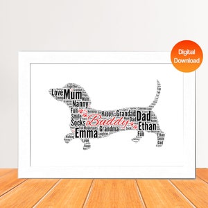 Impresión personalizada de arte de palabras de perro Dachshund, Impresión de imagen de nube de palabras de perro, Regalo para amantes de los perros, Regalo de tarjeta de amor de cumpleaños de amigo Digital