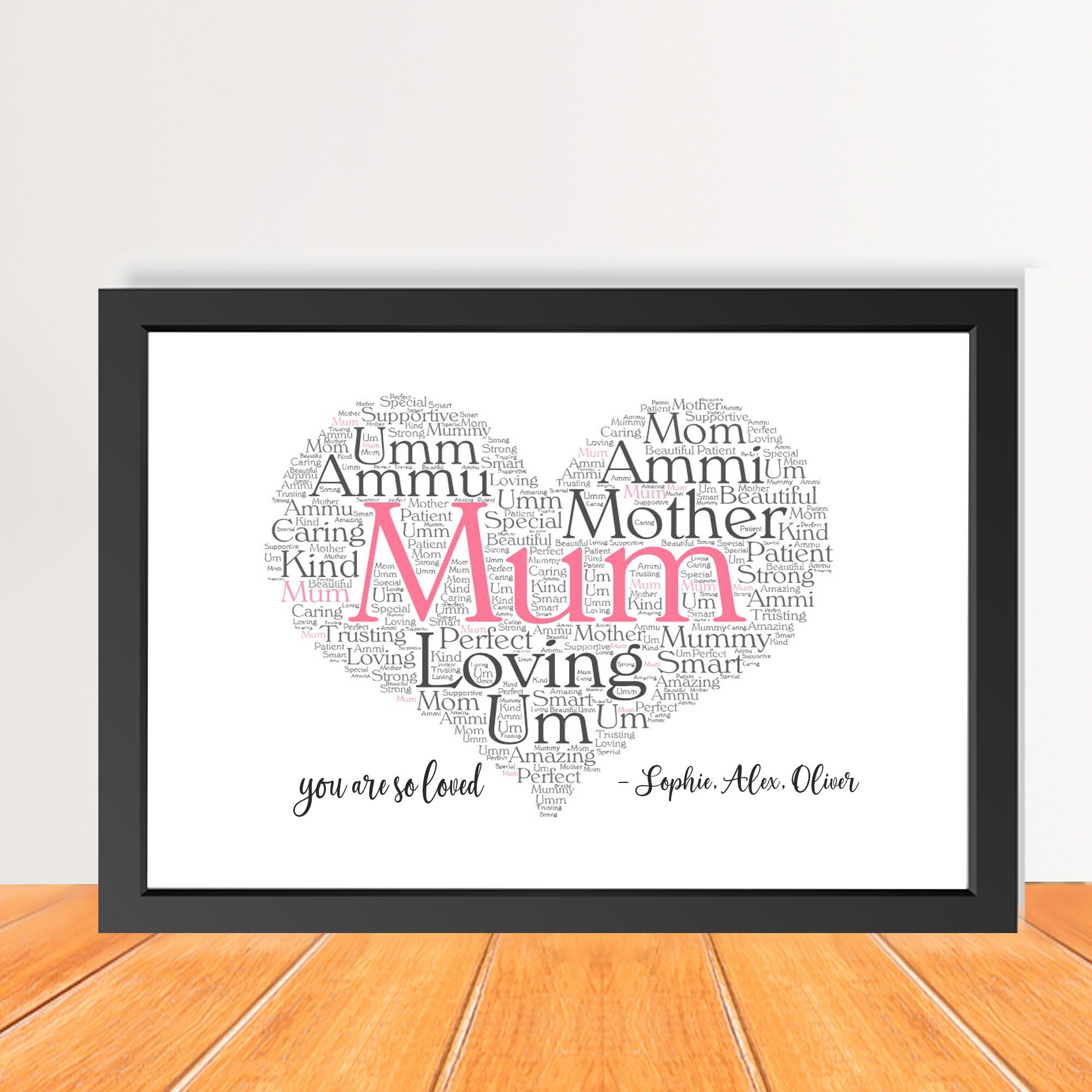 BIRTHDAY MOTHERS DAY/ XMAS GIFT A4 PERSONALISED HEART SHAPED WORD ART PRINT 