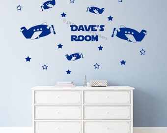 Airplane Wall Stickers - Personalized Name Wall Decal - kids Nursery Room Décor - spacecraft wall art
