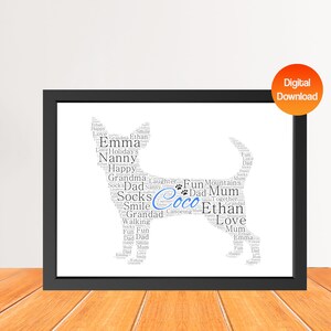 Impresión personalizada de arte de palabras de perro chihuahua, Impresión de imagen de nube de palabras de perro, Regalo para amantes de los perros, Regalo de tarjeta de cumpleaños de amigo Digital