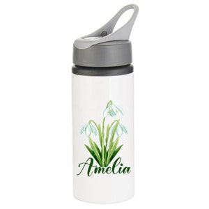 Snowdrop flower Personalised water bottle | custom name drinks bottle | January birth flower gift | Back to school gift for children