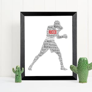 May include: Framed print with a black frame, showing a boxer silhouette made of words. The name "Rocco" is in red. Words include "Diesel", "Rocky", "Thor", "Tyson", and "Zeus". Two green cactus ornaments are in front of the print.