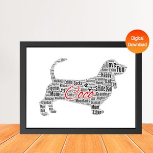 Impresión personalizada de arte de palabras de perro Basset Hound, Impresión de imagen de nube de palabras de perro, Regalo para amantes de los perros, Regalo de tarjeta de cumpleaños de amigo Digital