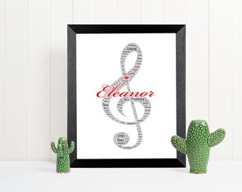 Personalised Treble Clef Word Art Frame, Custom Music Name Print, Musical Notes Wall Decor