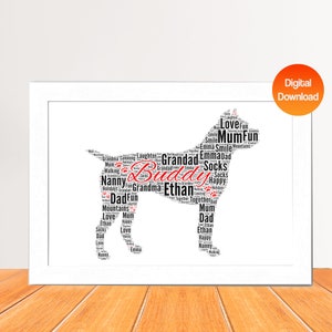 Impresión personalizada de arte de palabras de perro Boxer, Impresión de imagen de nube de palabras de perro, Regalo para amantes de los perros, Regalo de tarjeta de amor de cumpleaños de amigo Digital