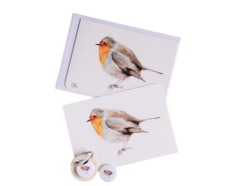 Redthroat Greeting Cards, Gift Set, A6, Postcard, Keychain, Button, Songbird, Orange, Beige, Animal Drawing, Illustration