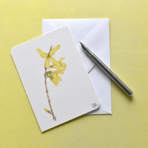 illustrierter Forsythienzweig, Frühlingsmotive, Postkarte als Blumengruß, gezeichnete Forsythien, Aquarell, Blütenkunstkarte, Bild Natur