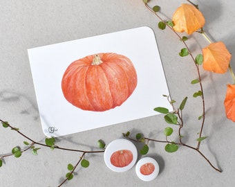 Kürbis auf Postkarte, Button oder Magnet, herbstliche Motive zum Oktoberfest, Halloween, Herbstdeko zum Erntedankfest, Botanische Kunst
