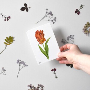 Frühlingshafte Tulpen Postkarte in orange, DIN A6 große Papageientulpe als kleine österliche Wanddekoration oder Lesezeichen in einem Buch
