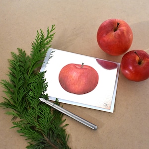 schlichte Apfel Postkarte in rot-weiß oder rot-silber, Apfelaquarell als Grußkarte oder kleines Wandbild, Einladung zum Bratapfelessen