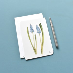 zarte, pastellfarbige Traubenhyazinthen Postkarte in hellblau-grün, blumige Frühlingskarte, Muscari als gute Laune Karte, Din A6 Minibild