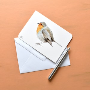 Rotkehlchen Postkarte in orange-braun, Din A6 kleine Bild mit Robin, weihnachtliche Wanddekoration mit Singvogel, beliebter Gartenvogel