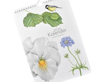 Wall calendar 2024 with plants and animals, calendar, with titmouse, squirrel, owl, various flowers such as viola, foxglove, etc., gift