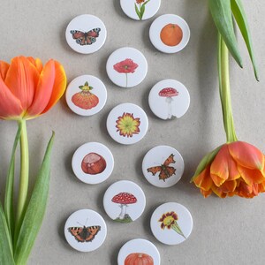 Könnte beinhalten: Eine Ansammlung weißer, runder Knöpfe mit verschiedenen Illustrationen zum Thema Natur, darunter Schmetterlinge, Blumen und Pilze. Zwei orangefarbene Tulpen umrahmen die Knöpfe. Die Knöpfe haben einen Durchmesser von etwa 2,5 cm.