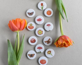 handmade magnets and buttons, accessories with flowers and butterflies, poppy, fly agaric, tulip, auricula, orange, red