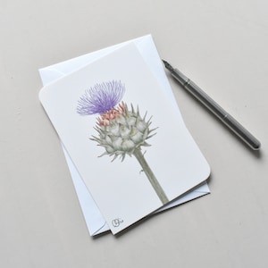 Artischockenpostkarte, gezeichnetes Blüte, in Aquarell entstanden, Kunstkarte mit Artischocke, illustrierte Karte, Christine Wiegelmann