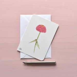 Zinnienblüte auf Postkarte, Aquarellzeichnung, rosa Blütenpostkarten, Botanische Kunstkarten, gemalte Sommermotive, Christine Wiegelmann