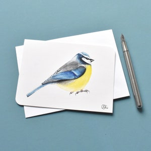 Schlichte Blaumeise Postkarte in blau-gelb-weiß, kleiner Gartenvogel Kunstkarte Din A6, kleine Wandbild mit Singvogel, Vogel Illustration