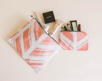 Coral Painted Stripe Water Resistant Makeup and Travel Bag