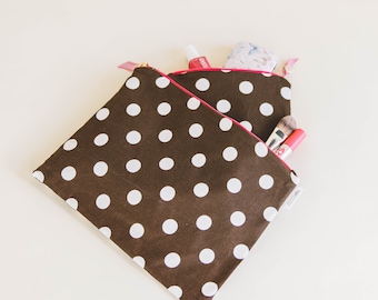 Brown and White Polka Dot Water Resistant Makeup and Travel Bag