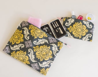 Yellow and Gray Damask Water Resistant Makeup and Travel Bag