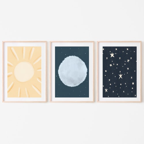 Moon and Stars Wall Art Set of 3 Boho Room Decor Moon and Etsy