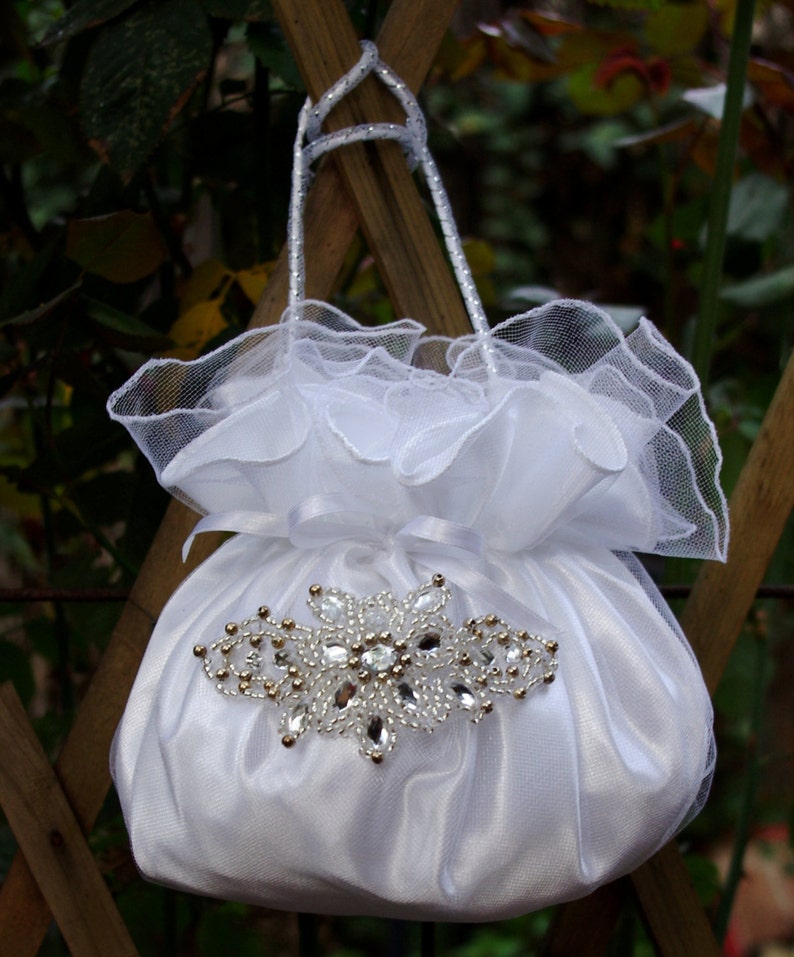Bridal Purse White Satin Crystal Tulle Rhinestones Pearls