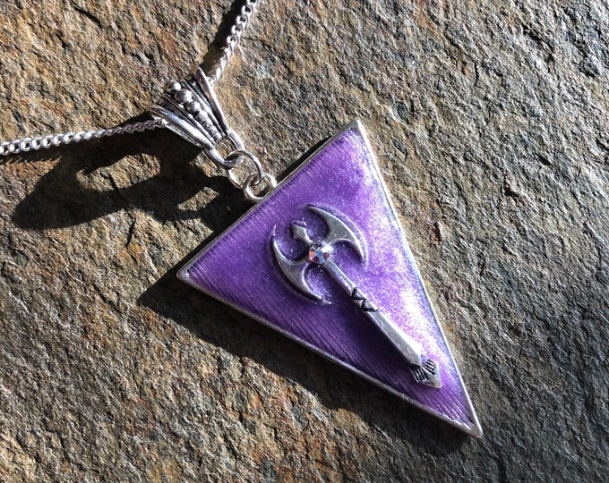 Featured listing image: Labrys Double Axe Triangle Statement Pendant With Crystal Crystal Accent and Includes A 20”  Curb Chain Necklace