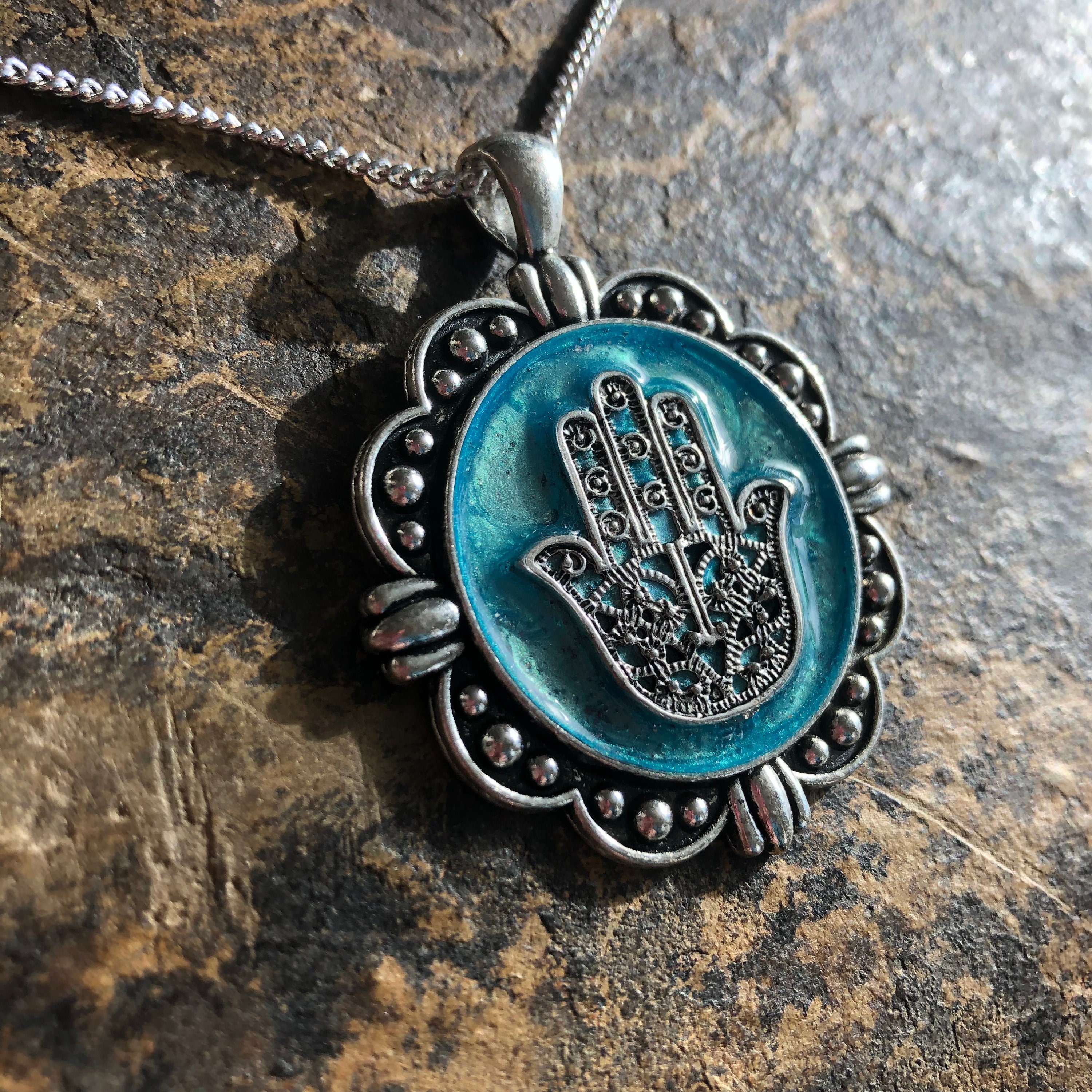 Colorful Hamsa Hand Framed in Blue Pendant on .925 Sterling Silver